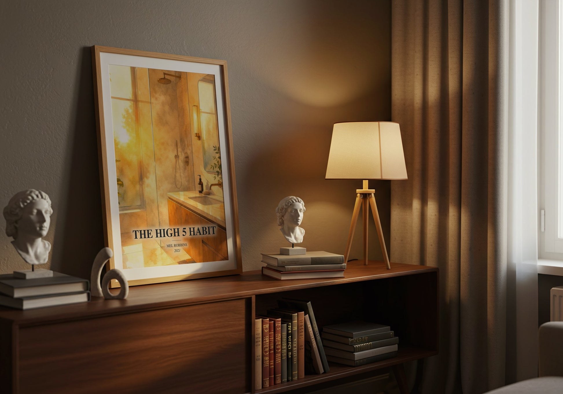 The High 5 Habit watercolour print on bookshelf – Mel Robbins fan gift