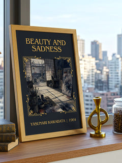 Beauty and Sadness Classic Book Art Print by Yasunari Kawabata – framed print on a city-view windowsill