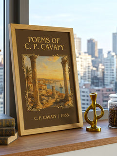 Poems Of C. P. Cavafy Classic Book Art Print by C. P. Cavafy – framed print on a city-view windowsill