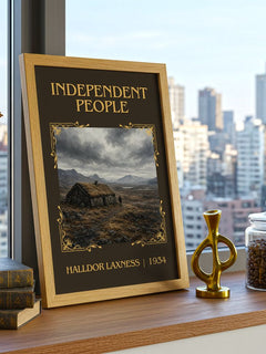Independent People Classic Book Art Print by Halldor Laxness – framed print on a city-view windowsill