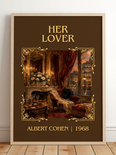 Her Lover Classic Book Art Print by Albert Cohen – framed print leaning on a wooden floor