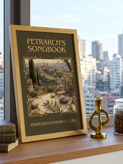 Petrarch's Songbook Classic Book Art Print by Francesco Petrarca – framed print on a city-view windowsill
