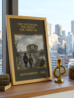 The Notebook, The Proof, The Third Lie Classic Book Art Print by Agota Kristof – framed print on a city-view windowsill