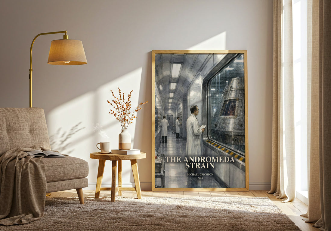 The Andromeda Strain watercolour print in frame leaning in hallway – sci fi wall art (mockup)