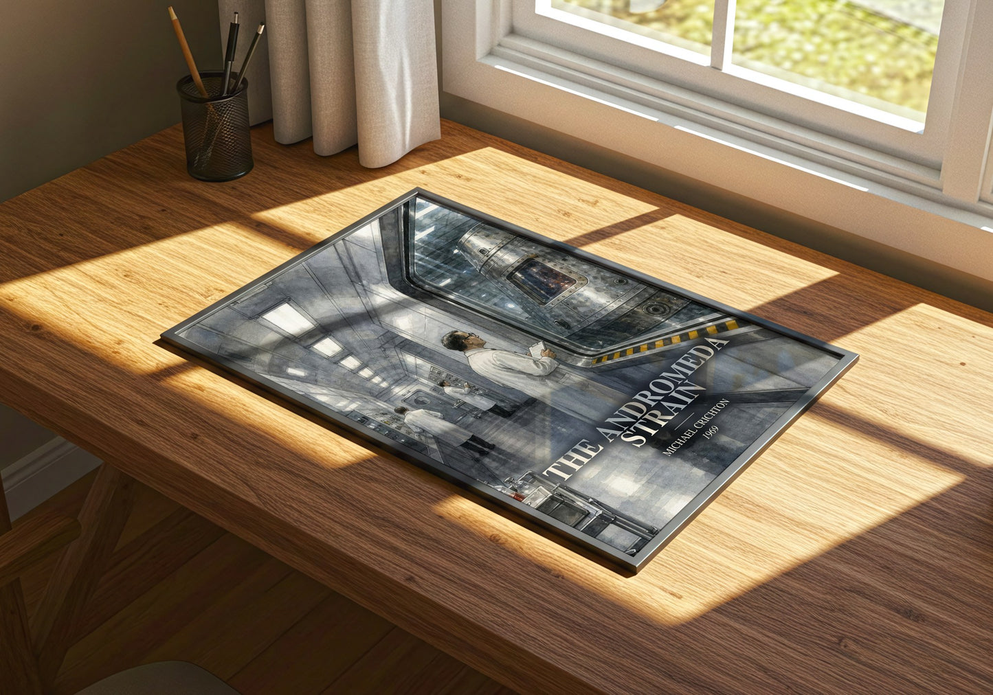 The Andromeda Strain watercolour book poster framed on wall – sci fi wall art