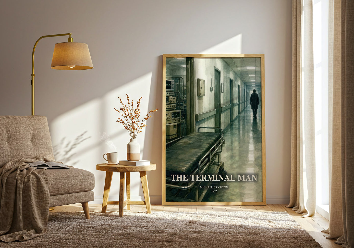 The Terminal Man watercolour print in frame leaning in hallway – sci fi wall art