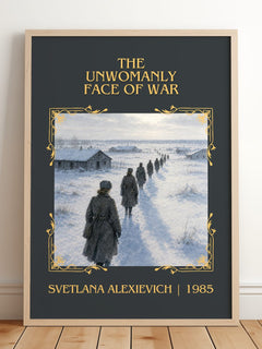 Unwomanly Face Of War Classic Book Art Print by Svetlana Alexievich – framed print leaning on a wooden floor