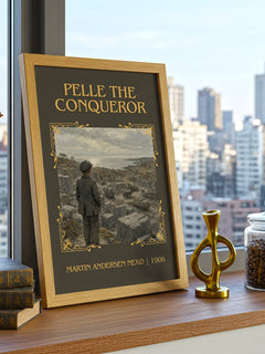 Pelle The Conqueror Classic Book Art Print by Martin Andersen Nexø – framed print on a city-view windowsill
