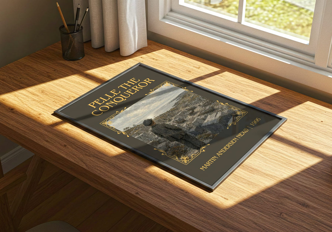 Pelle The Conqueror Classic Book Art Print by Martin Andersen Nexø – print on a sunlit desk