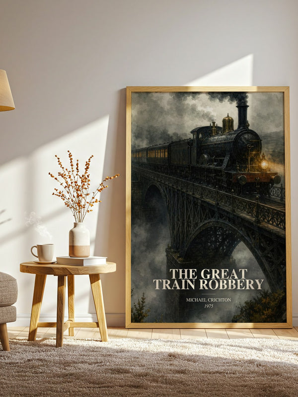The Great Train Robbery watercolour print in frame leaning in hallway – historical fiction wall art