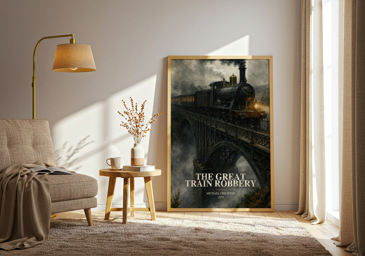The Great Train Robbery watercolour print in frame leaning in hallway – historical fiction wall art