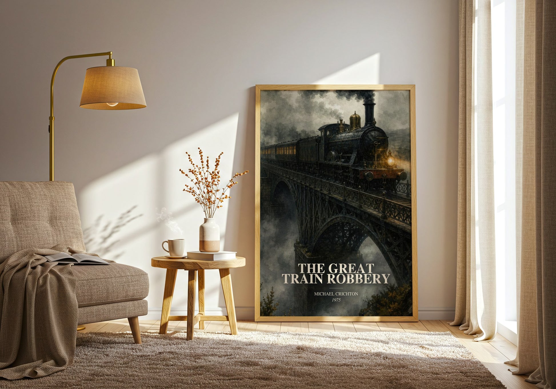 The Great Train Robbery watercolour print in frame leaning in hallway – historical fiction wall art