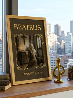 Beatrijs Classic Book Art Print by Unknown – framed print on a city-view windowsill