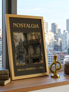 Nostalgia Classic Book Art Print by Mircea Cărtărescu – framed print on a city-view windowsill