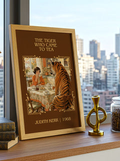 The Tiger Who Came to Tea Classic Book Art Print by Judith Kerr – framed print on a city-view windowsill