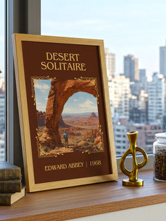 Desert Solitaire Classic Book Art Print by Edward Abbey – framed print on a city-view windowsill
