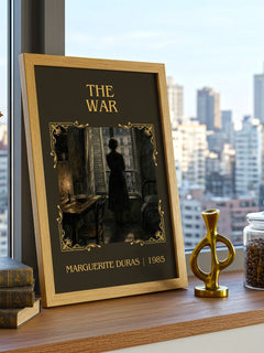The War Classic Book Art Print by Marguerite Duras – framed print on a city-view windowsill