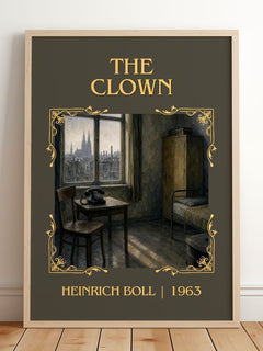 The Clown Classic Book Art Print by Heinrich Böll – framed print leaning on a wooden floor