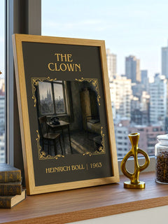 The Clown Classic Book Art Print by Heinrich Böll – framed print on a city-view windowsill