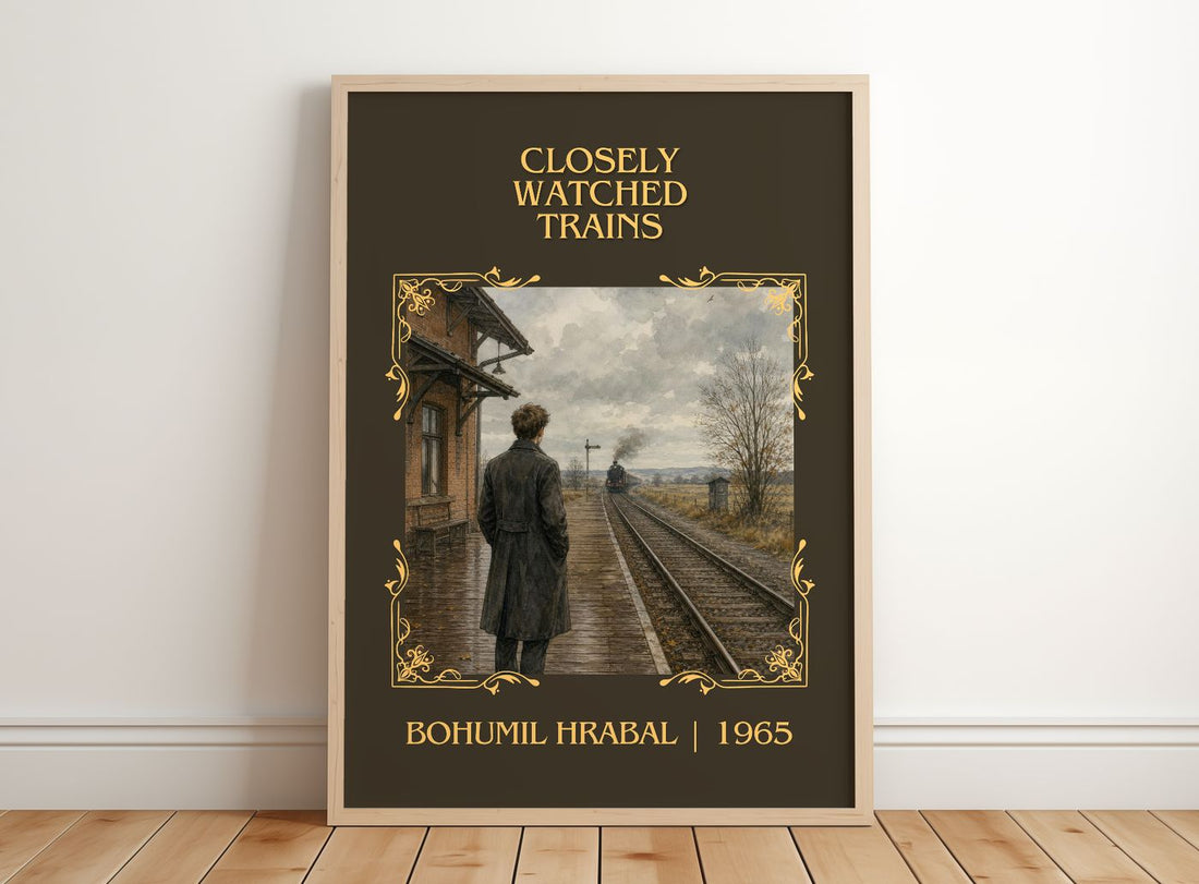 Closely Watched Trains Classic Book Art Print by Bohumil Hrabal – framed print leaning on a wooden floor