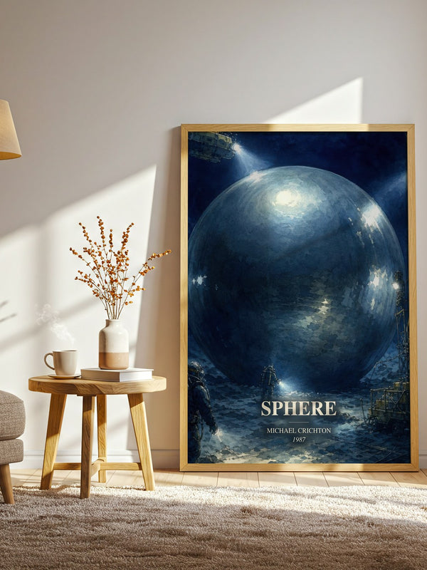 Sphere watercolour print in frame leaning in hallway – sci fi wall art