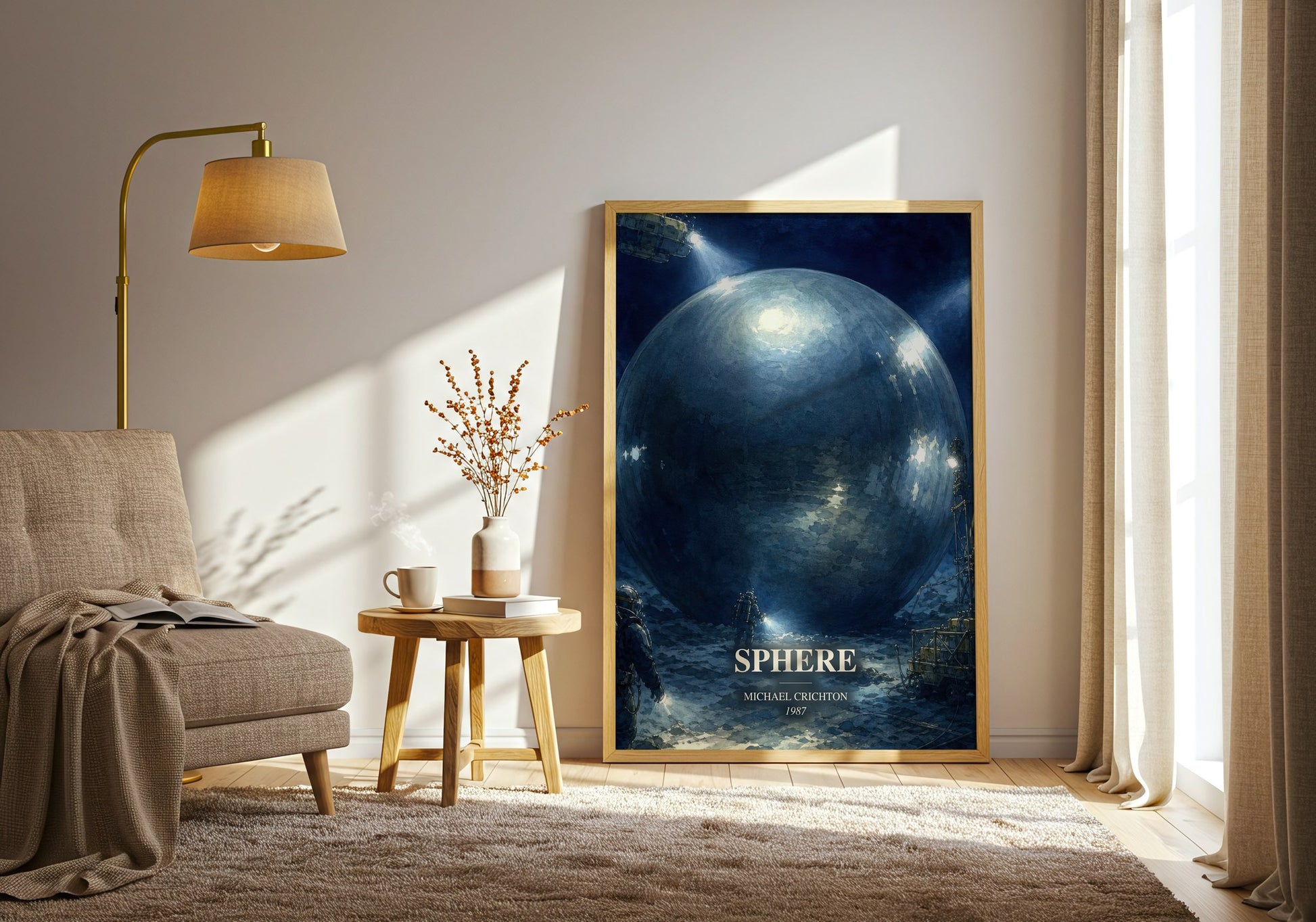 Sphere watercolour print in frame leaning in hallway – sci fi wall art