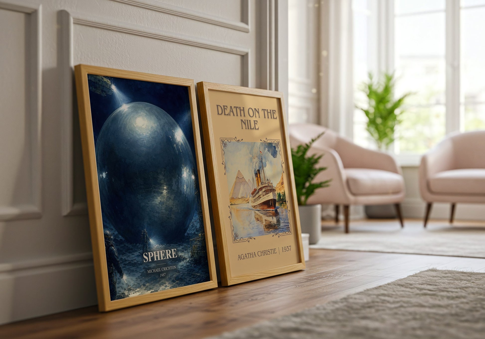 Sphere watercolour print framed by window – literary home decor