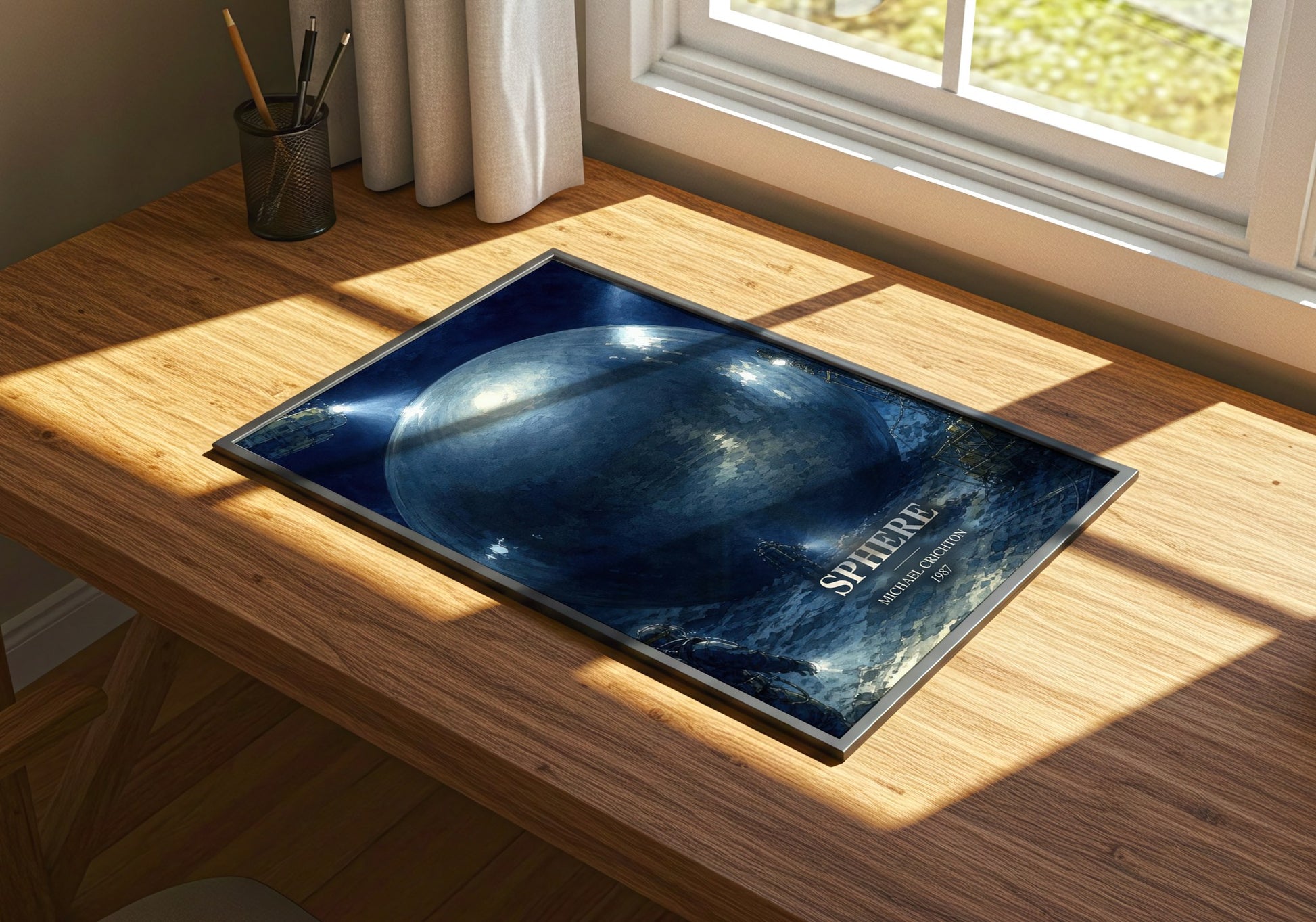 Sphere watercolour book poster framed on wall – sci fi wall art