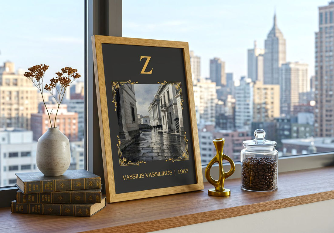 Z Classic Book Art Print by Vassilis Vassilikos – framed print on a city-view windowsill