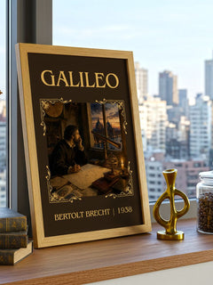 Galileo Classic Book Art Print by Bertolt Brecht – framed print on a city-view windowsill