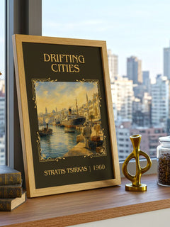 Drifting Cities Classic Book Art Print by Stratis Tsirkas – framed print on a city-view windowsill