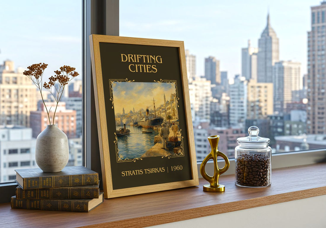 Drifting Cities Classic Book Art Print by Stratis Tsirkas – framed print on a city-view windowsill