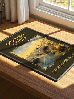 Drifting Cities Classic Book Art Print by Stratis Tsirkas – print on a sunlit desk