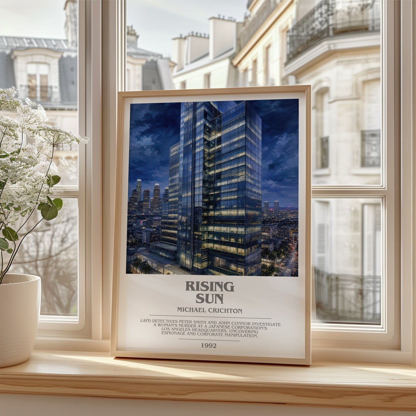 Rising Sun bookish poster colour and style options – Michael Crichton book art