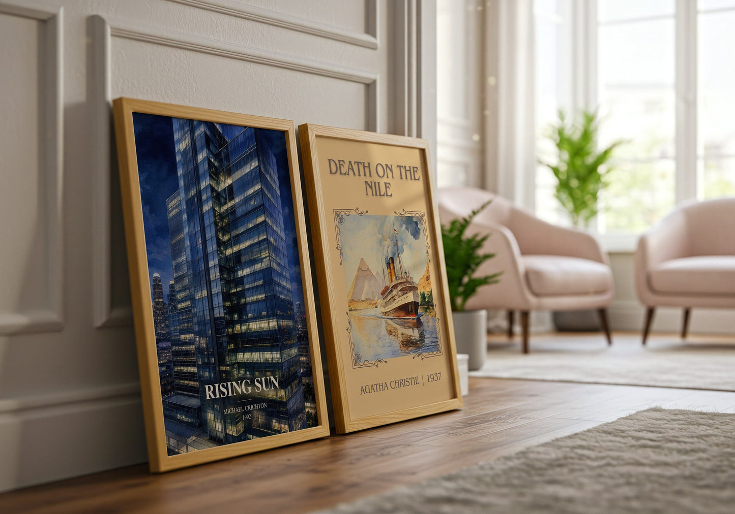 Rising Sun watercolour print framed by window – literary home decor