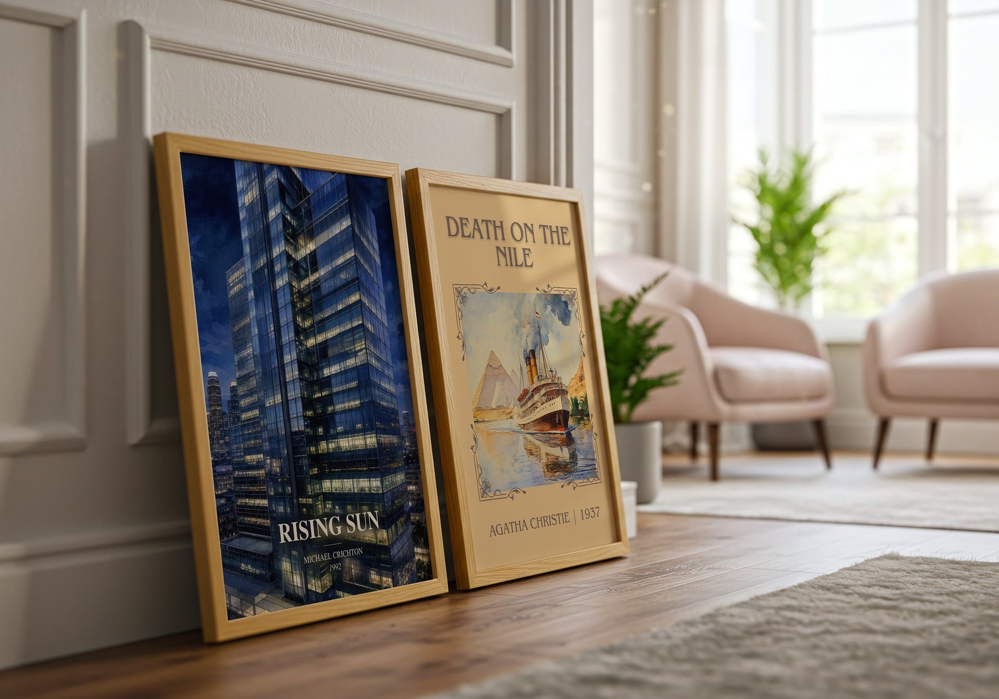 Rising Sun watercolour print framed by window – literary home decor