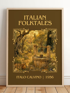 Italian Folktales Classic Book Art Print by Italo Calvino – framed print leaning on a wooden floor