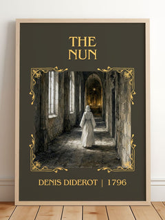 The Nun Classic Book Art Print by Denis Diderot – framed print leaning on a wooden floor