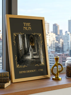 The Nun Classic Book Art Print by Denis Diderot – framed print on a city-view windowsill