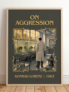 On Aggression Classic Book Art Print by Konrad Lorenz – framed print leaning on a wooden floor