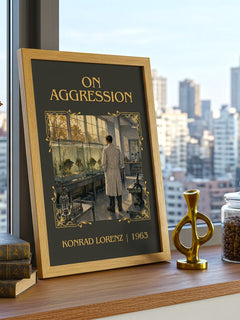On Aggression Classic Book Art Print by Konrad Lorenz – framed print on a city-view windowsill