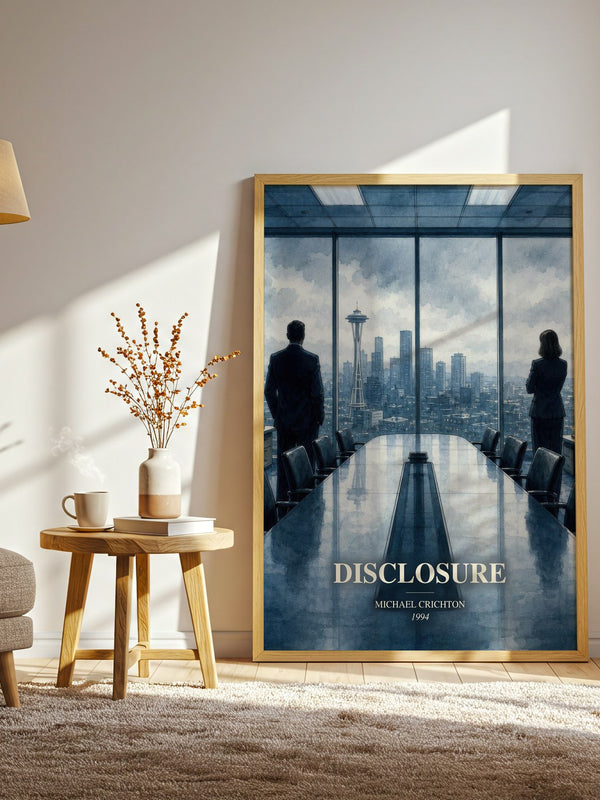 Disclosure watercolour print in frame leaning in hallway – thriller wall art