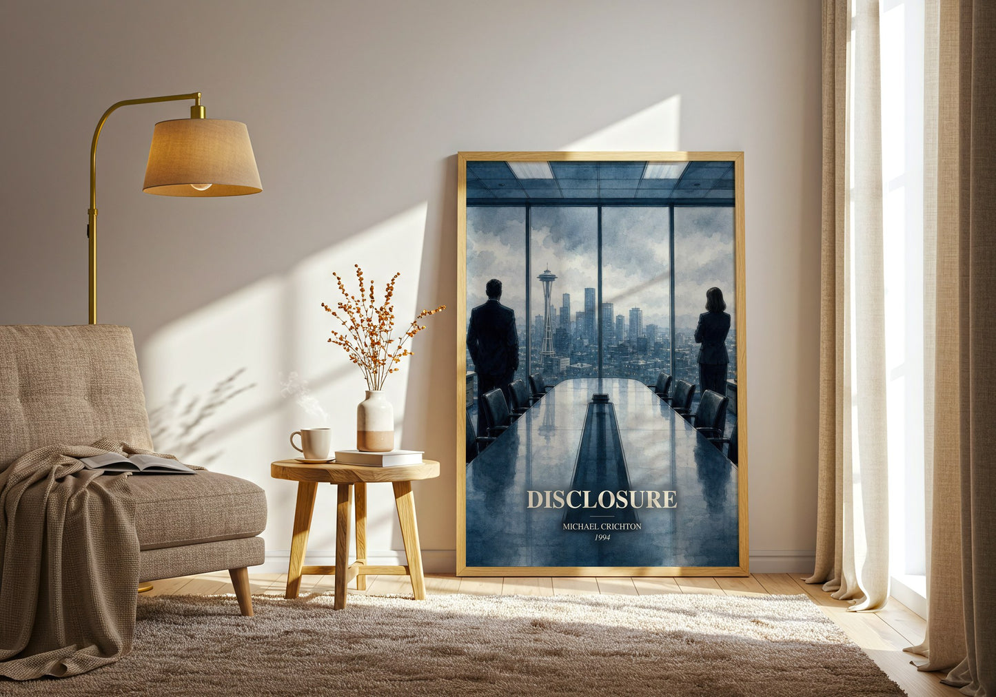 Disclosure watercolour print in frame leaning in hallway – thriller wall art