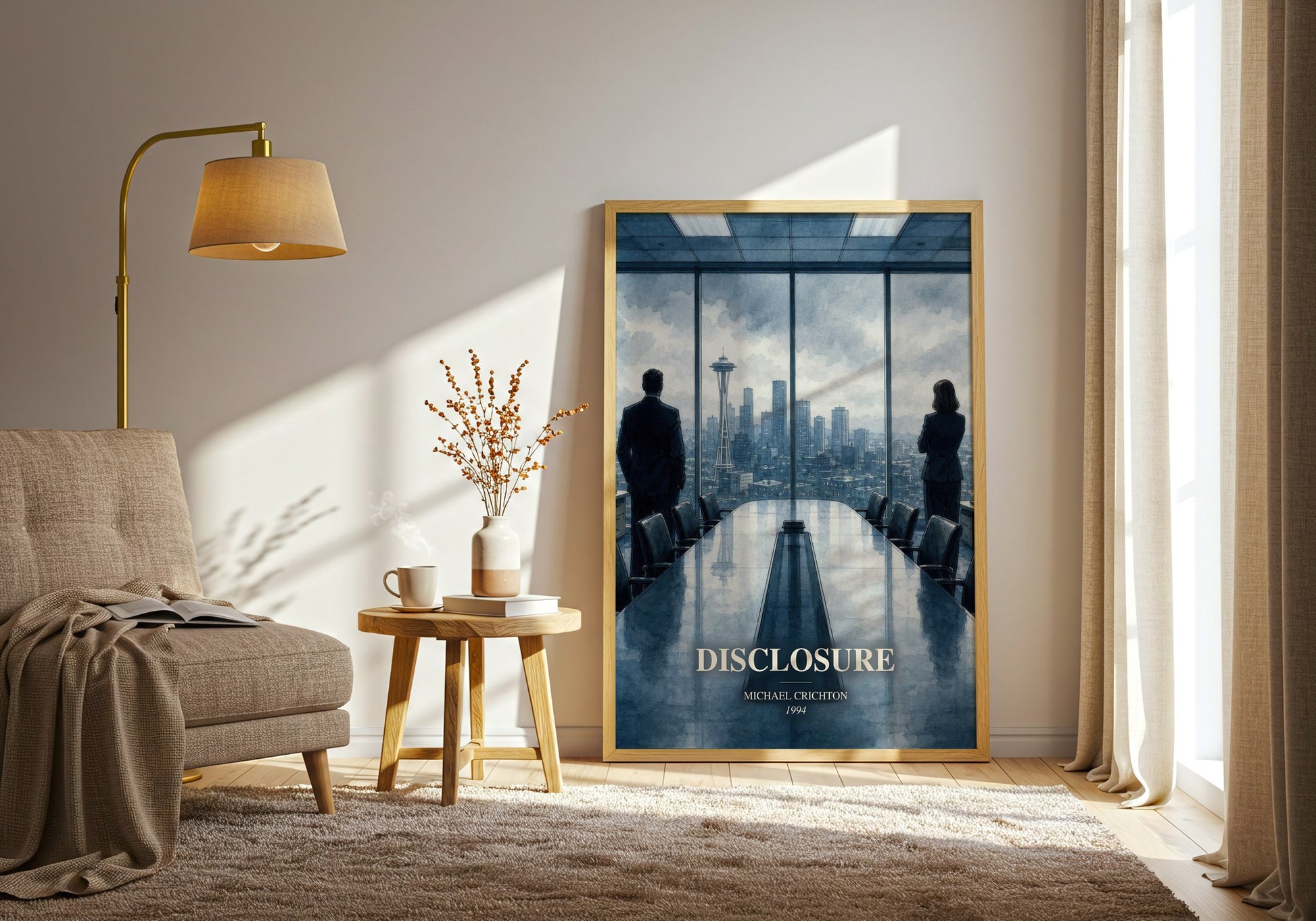 Disclosure watercolour print in frame leaning in hallway – thriller wall art