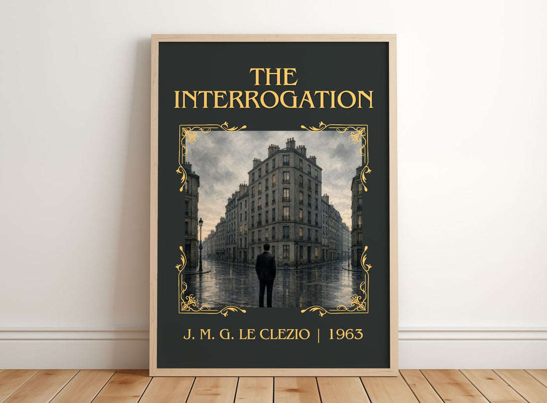 The Interrogation Classic Book Art Print by J. M. G. Le Clezio – framed print leaning on a wooden floor