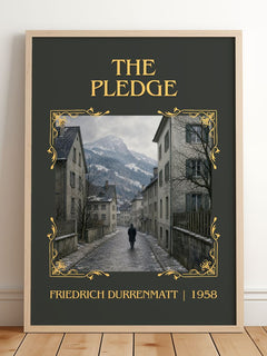 The Pledge Classic Book Art Print by Friedrich Dürrenmatt – framed print leaning on a wooden floor