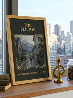 The Pledge Classic Book Art Print by Friedrich Dürrenmatt – framed print on a city-view windowsill
