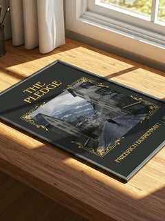 The Pledge Classic Book Art Print by Friedrich Dürrenmatt – print on a sunlit desk