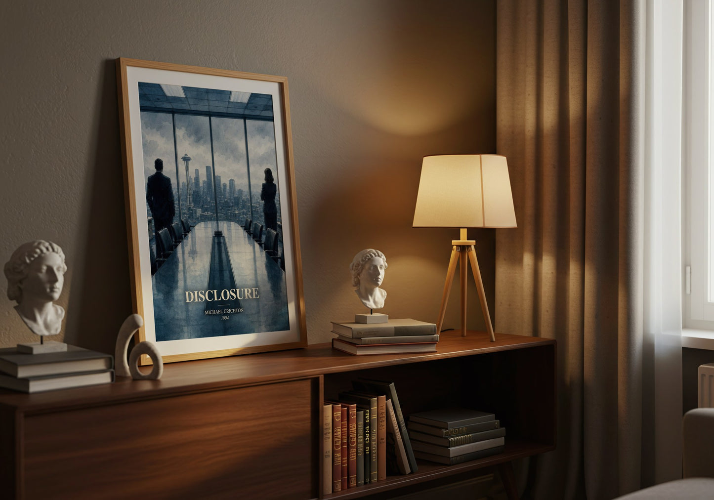 Disclosure watercolour print on bookshelf – Michael Crichton fan gift