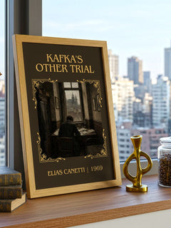 Kafka's Other Trial Classic Book Art Print by Elias Canetti – framed print on a city-view windowsill